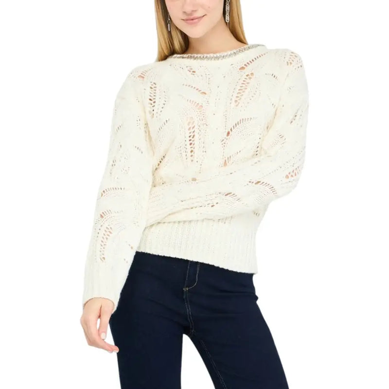 Liu Jo cream-colored long sleeve rhinestone knit sweater with lace patterns