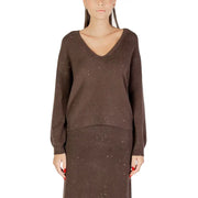 Women’s brown long-sleeve V-neck knit sweater with subtle sparkle details and matching skirt