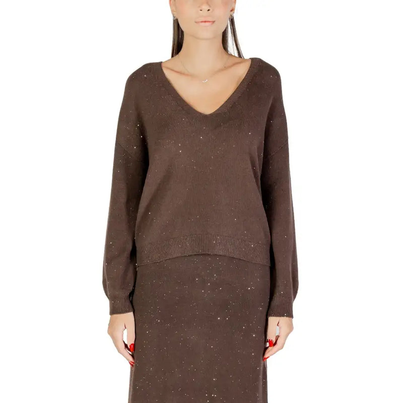 Women’s brown long-sleeve V-neck knit sweater with subtle sparkle details and matching skirt