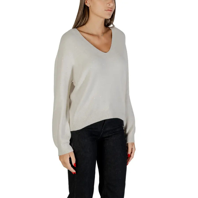 Women’s light gray long-sleeved V-neck knit sweater with rhinestone trim by Liu Jo