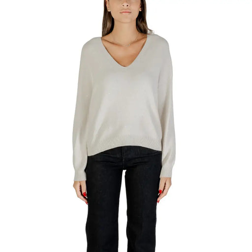 Women’s light beige V-neck long-sleeve knit sweater with rhinestone trim from Liu Jo White