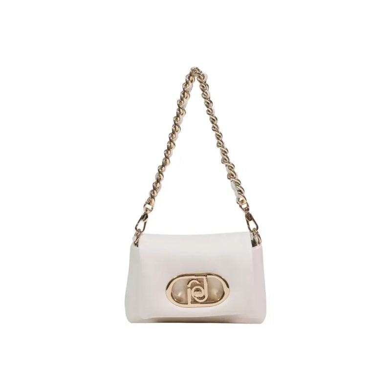 Liu jo white polyurethane shoulder bag with button closure featuring a gold-tone twisted chain strap and oval logo clasp