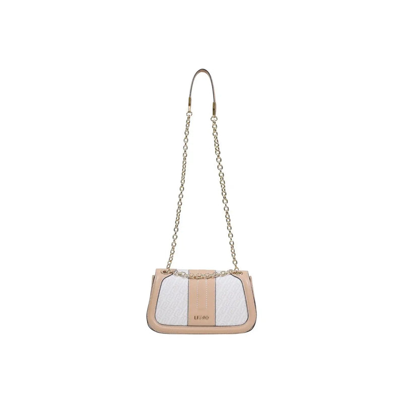 Liu Jo white shoulder bag in beige and white with embossed texture and chain strap featuring automatic buttons