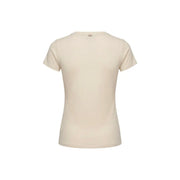 Cream-colored Liu Jo women beige cotton short sleeve t shirt with round neck and subtle brand logo at the back view