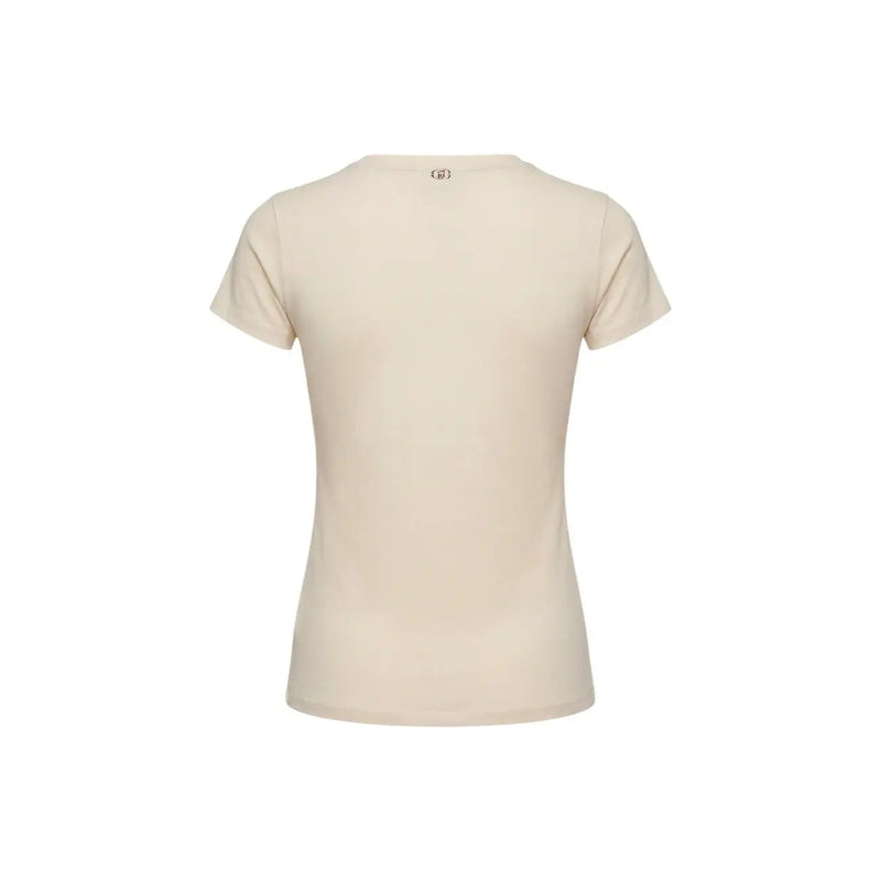 Cream-colored Liu Jo women beige cotton short sleeve t shirt with round neck and subtle brand logo at the back view