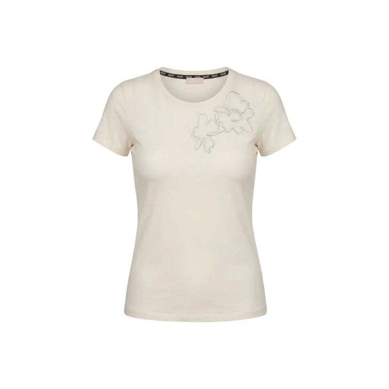 Liu Jo women beige cotton short sleeve t shirt with round neck and delicate silver floral embroidery on the chest