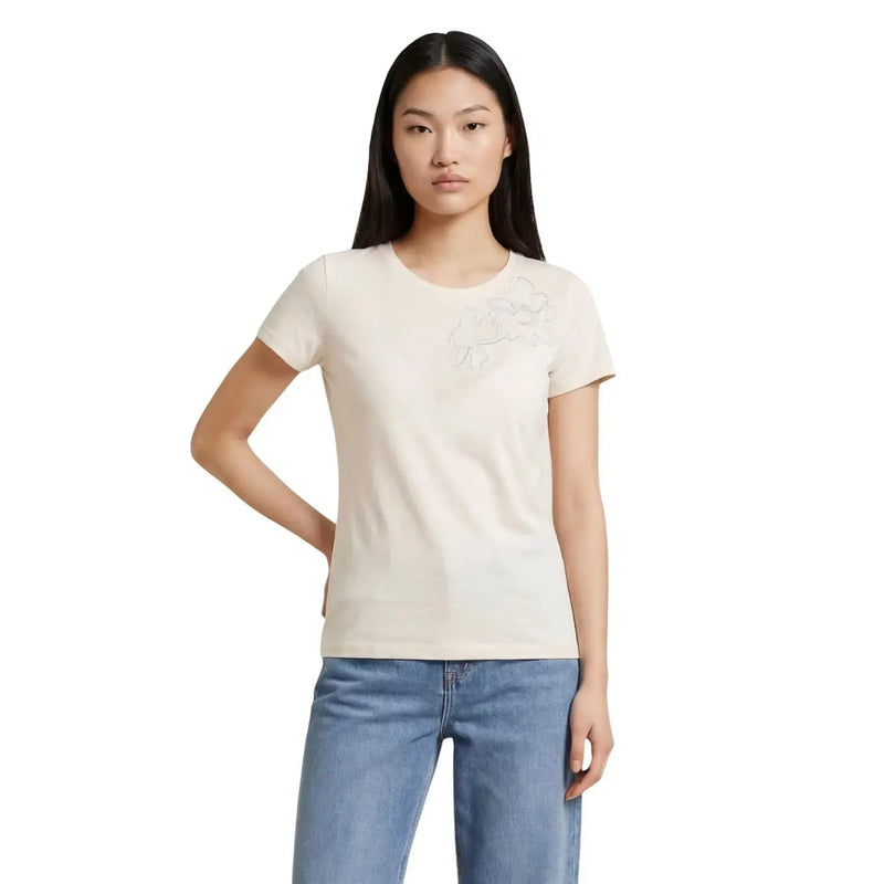 Liu Jo women beige cotton short-sleeved t shirt with round neck and subtle embroidered floral detail on the chest