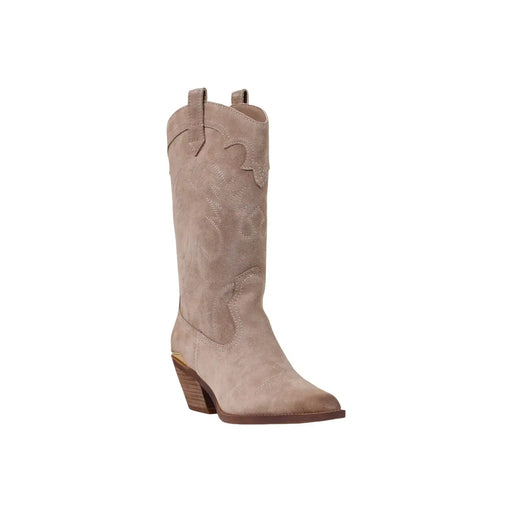 Liu Jo Bottines à talon bloc en cuir beige pour femme, ornées de broderies florales en daim et d'un talon bloc en bois.