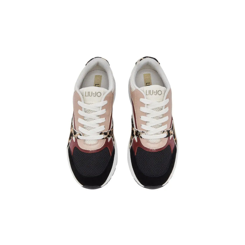 Liu jo women beige leather slip on sneakers with pink and black leopard print and white laces on chunky sole