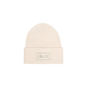 Liu Jo women beige ribbed knit polyester beanie with a folded cuff and silver embroidered livio logo