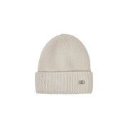 Liu jo women beige polyester ribbed knit beanie with folded cuff sparkling embellishments and metallic logo