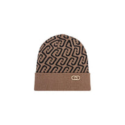 Liu Jo women beige polyester beanie with black interlocking c pattern and rose gold logo plaque on ribbed cuff
