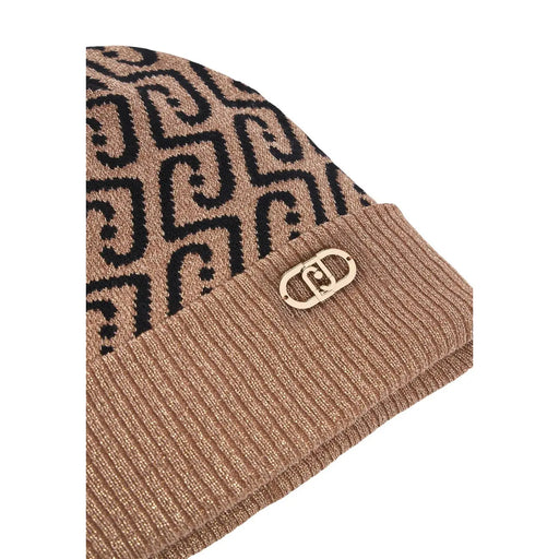 Liu Jo Beige Damen-Strickmütze aus Polyester mit schwarzem, ineinandergreifendem Logomuster und goldfarbenem Metallverschluss