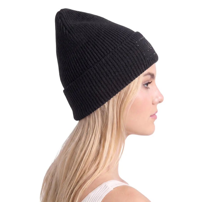 Black ribbed knit beanie with folded cuff and subtle embellished logo detail in liu jo women beige polyester cap design