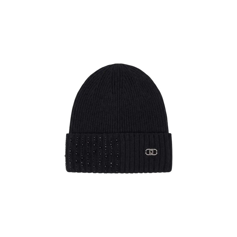 Black ribbed knit beanie with folded cuff, sequins, and silver logo emblem, styled like Liu Jo women beige polyester cap