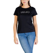 Liu Jo women black cotton round neck t-shirt with sparkling silver logo