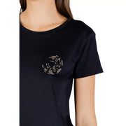 Liu Jo women black cotton round neck t-shirt with a sparkling crescent-shaped rhinestone embellishment on the chest