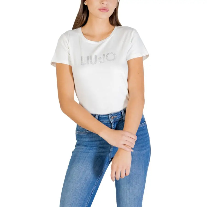 Liu Jo women black cotton round neck t-shirt with white silver glitter lettering
