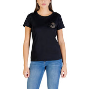 Liu Jo women black cotton round neck t-shirt with short sleeves and a subtle gold circular logo on the left chest