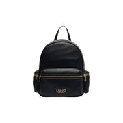 Black faux leather Liu Jo women backpack with gold-tone zippers and front pocket featuring Liu Jo Milano logo