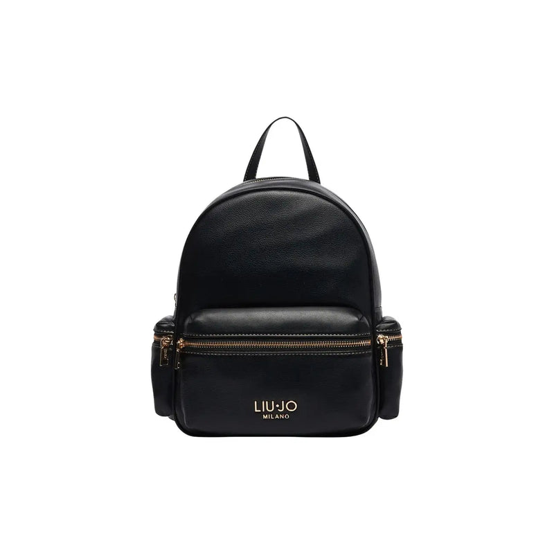 Black faux leather Liu Jo women backpack with gold-tone zippers and front pocket featuring Liu Jo Milano logo