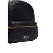 Liu Jo women black faux leather backpack bag 30 cm with gold tone zipper and logo detailing front view