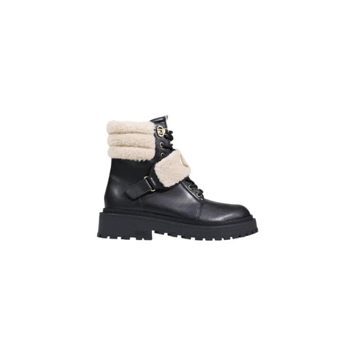 Liu Jo black faux leather lace-up ankle boots with cream shearling lining