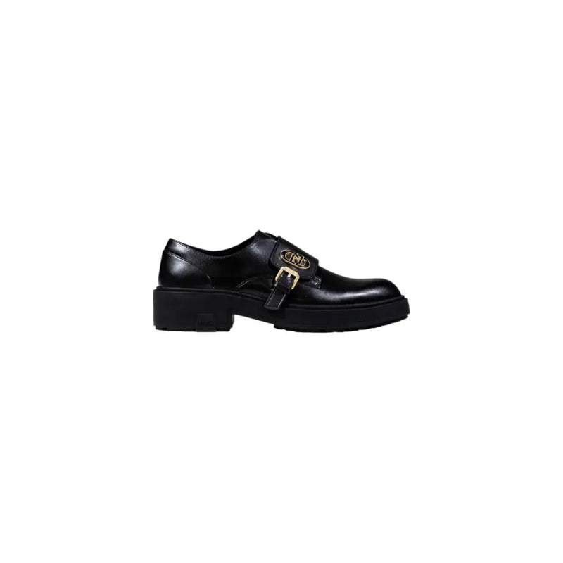 Liu jo women black faux leather monk strap shoe with gold tone buckle and logo detail for fall winter