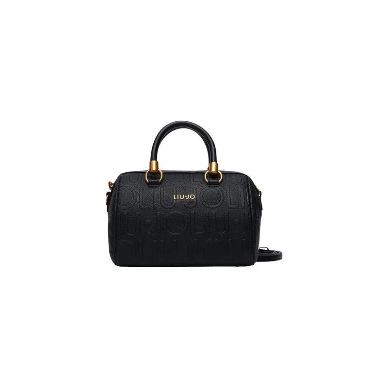Liu Jo women black faux leather Boston handbag with gold-tone hardware and embossed logo pattern