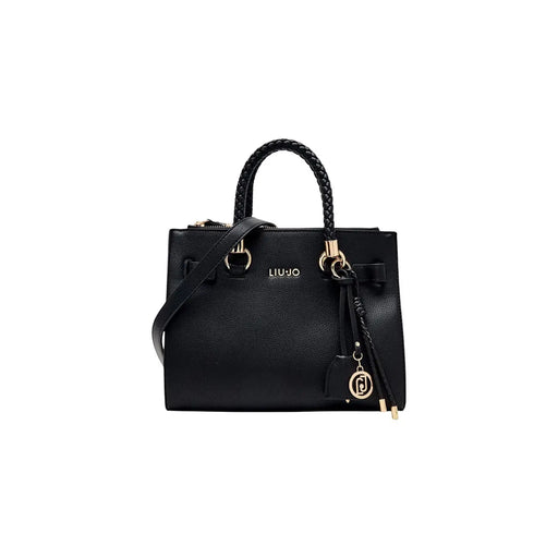 Liu Jo Schwarze Damenhandtasche im Boston-Stil aus Kunstleder mit geflochtenen Ledergriffen und goldfarbenen Beschlägen