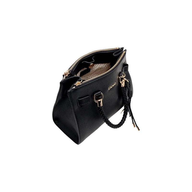Liu Jo women black handbag faux leather Boston bag with gold-tone hardware and braided black strap