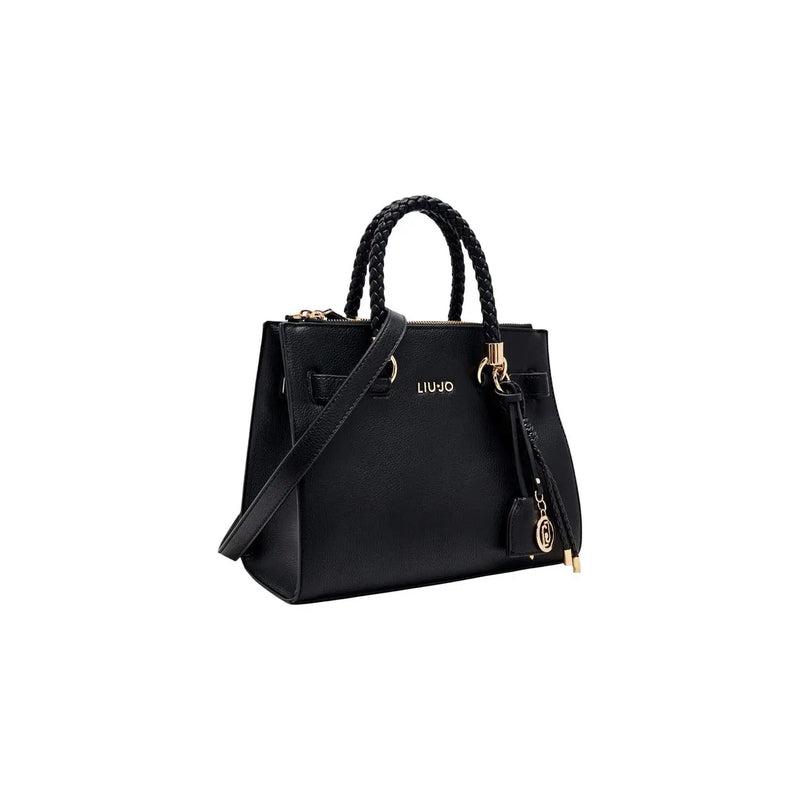 Liu Jo women black faux leather Boston handbag with braided leather handles and gold tone hardware