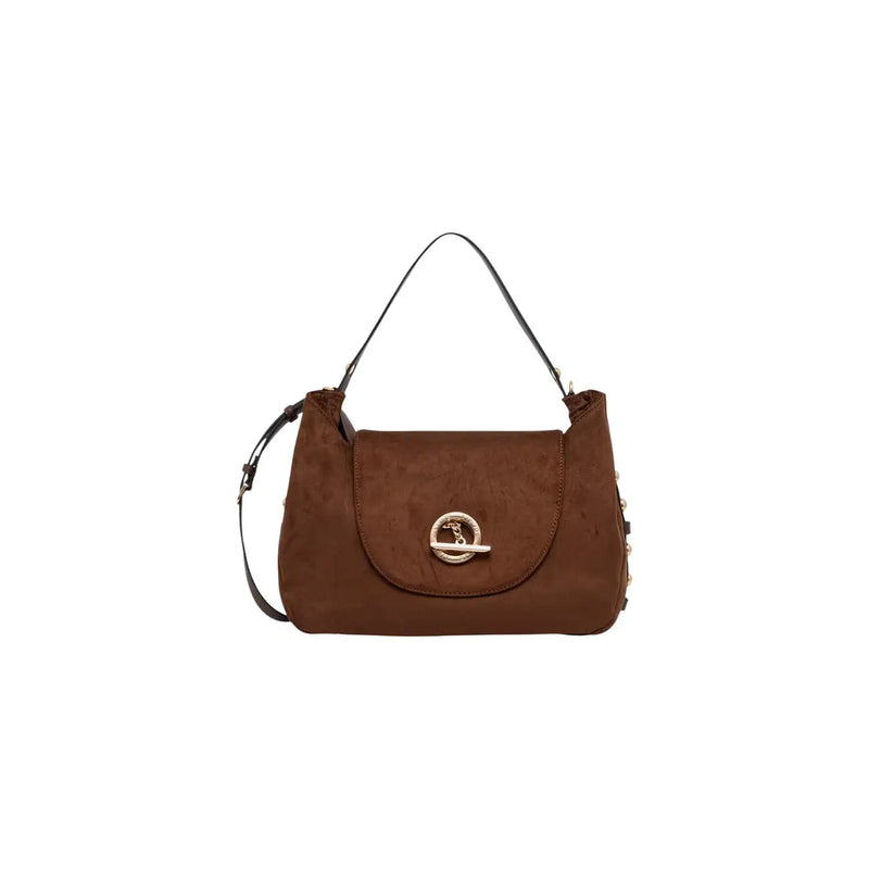Liu jo women brown suede handbag with gold-tone circular clasp and black shoulder strap in faux leather boston bag design