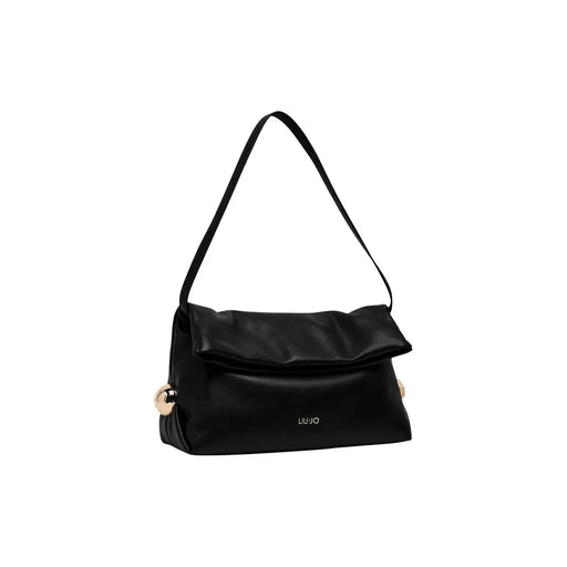 Liu Jo Schwarze Damen-Schultertasche aus Polyester mit elegantem, glänzendem Finish und goldfarbenen, runden Metallelementen.