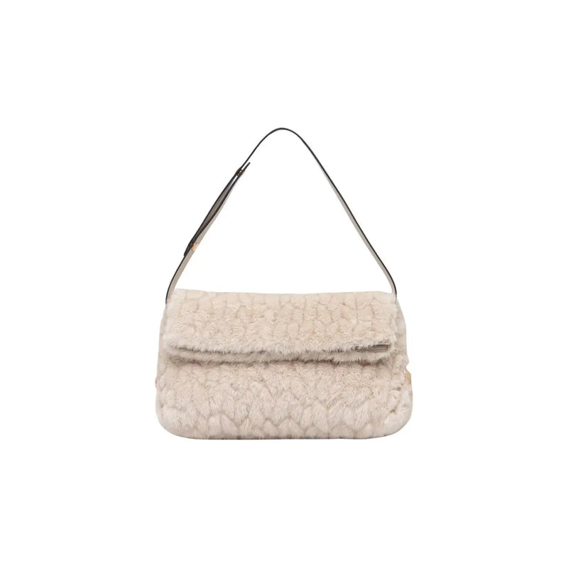 Liu jo women black polyester handbag 30x20x7 cm with cream-colored faux fur and sleek black shoulder strap
