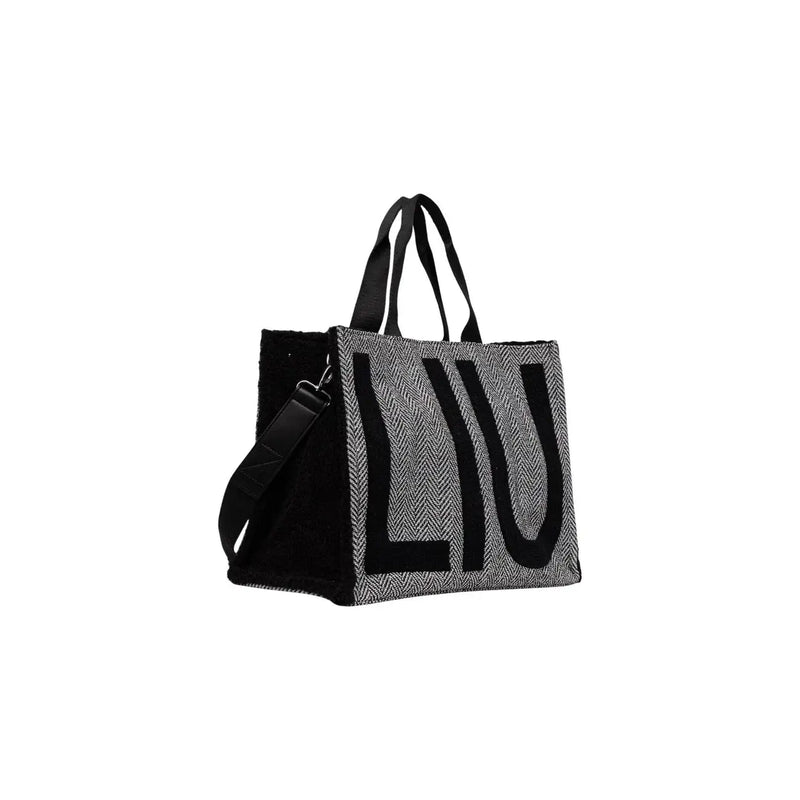 Liu jo women black polyester tote bag with black and gray herringbone pattern and bold black liu lettering