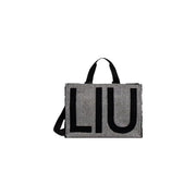 Liu jo women black polyester handbag in gray herringbone pattern with bold black liu lettering and black handles