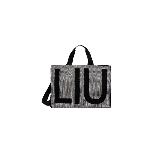 Schwarze Damenhandtasche von Liu Jo aus Polyester mit grauem Fischgrätmuster, auffälligem schwarzem Liu-Schriftzug und schwarzen Henkeln