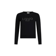 Black long-sleeved crew-neck sweater with embellished LIU JO MILANO lettering