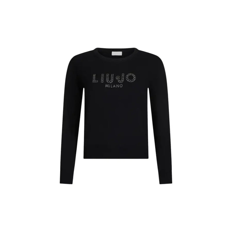 Black long-sleeved crew-neck sweater with embellished LIU JO MILANO lettering