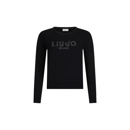 Black long-sleeved crew-neck sweater with embellished LIU JO MILANO lettering