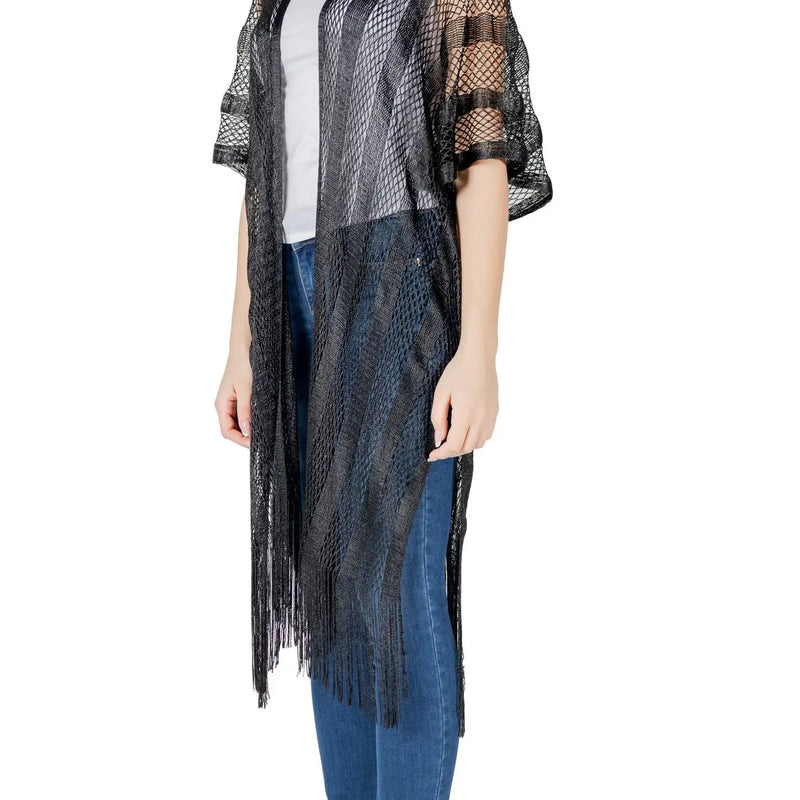 Liu jo women black short polyester cardigan with black mesh and fringe detailing for spring summer wear