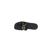 Liu Jo women black leather slide sandal featuring a gold-tone oval buckle ideal for summer footwear