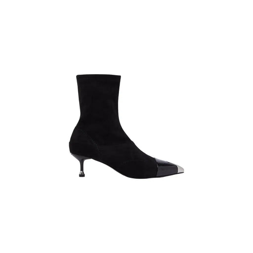 Bottines noires à talons aiguilles Liu Jo pour femme, en polyester, avec tige en daim noir, bout brillant et talon fin métallisé.
