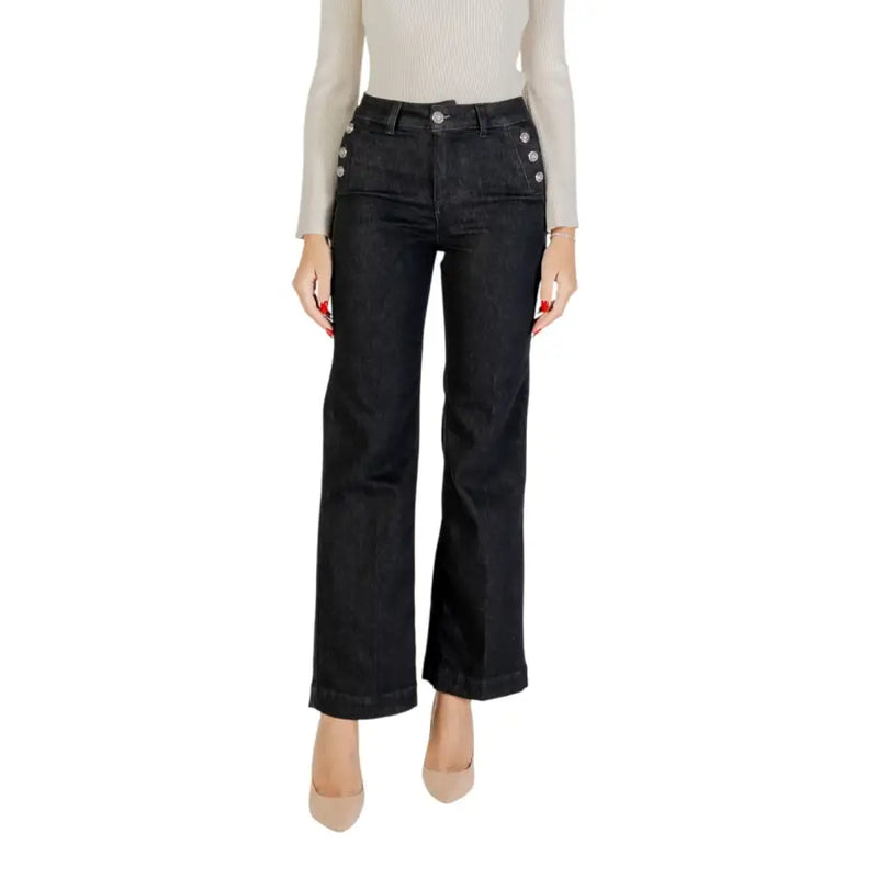 Women’s black high-waisted wide-leg jeans with decorative buttons from Liu Jo