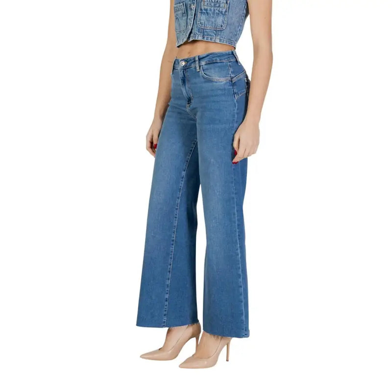 Liu Jo women blue cotton elastane high-waisted wide-leg jeans with frayed hem