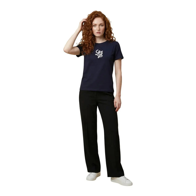 Navy blue liu jo women cotton t shirt with short sleeves and white embroidered logo on the chest