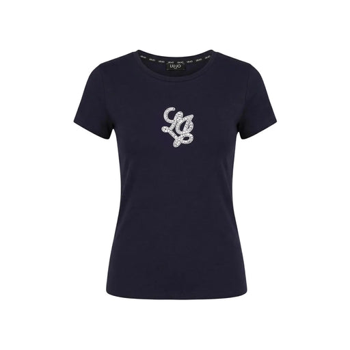 Navy blue cotton Liu Jo women short-sleeved t shirt with a sparkling rhinestone lj logo embroidered on the chest