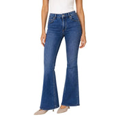 Liu Jo Damen-Jeans aus blauem Baumwoll-Stretch-Denim mit hohem Bund und ausgestelltem Bein sowie klassischem Fünf-Taschen-Design