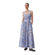 Liu jo women blue floral cotton maxi dress with thin straps gathered waist and delicate brown and white leaf patterns